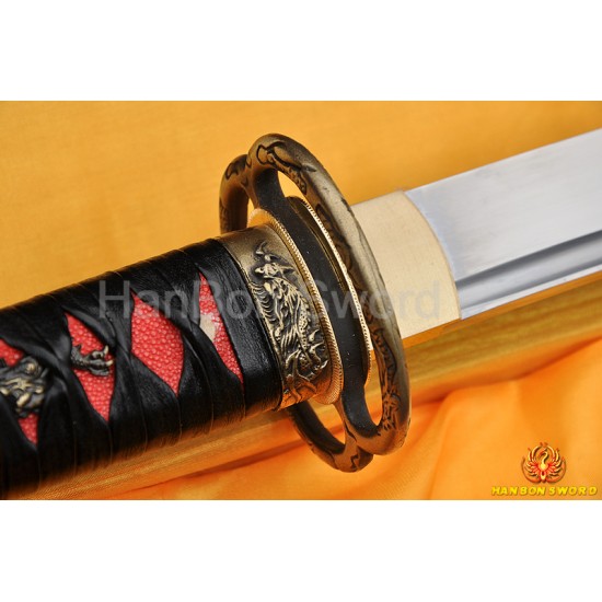 Leathe ITO Dragon Musashi TSUBA Full Tang Blade Oil Quenched JAPANESE KATANA SAMURAI SWORD