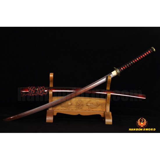 Japanese KATANA Sword Black&Red Damascus Oil Quenched Full Tang Blade Dragon Koshirae 