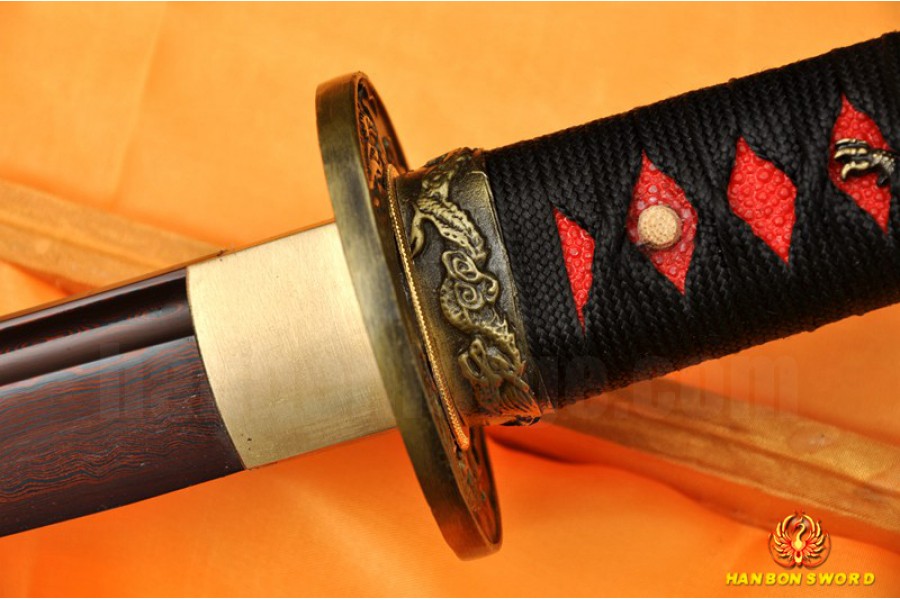 Black&Red Damascus Oil Quenched Full Tang Blade Dragon Koshirae