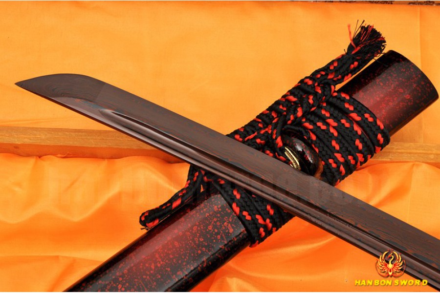 Black&Red Damascus Oil Quenched Full Tang Blade Dragon Koshirae