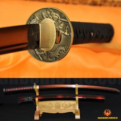 Japanese KATANA Sword Black&Red Damascus Oil Quenched Full Tang Blade Dragon Koshirae 