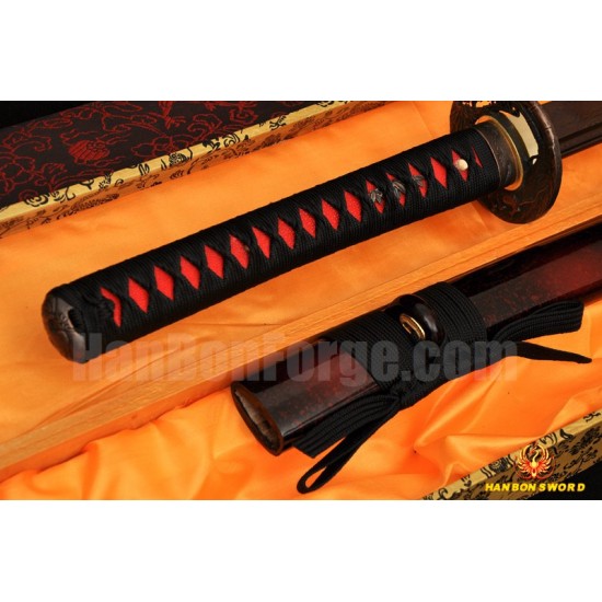 Black&Red Damascus Oil Quenched Full Tang Blade Tiger&Lion Koshirae Japanese Sword KATANA