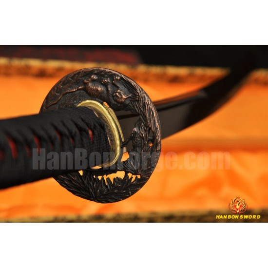 Black&Red Damascus Oil Quenched Full Tang Blade Tiger&Lion Koshirae Japanese Sword KATANA