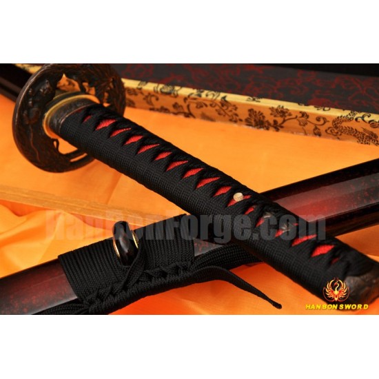 Black&Red Damascus Oil Quenched Full Tang Blade Tiger&Lion Koshirae Japanese Sword KATANA