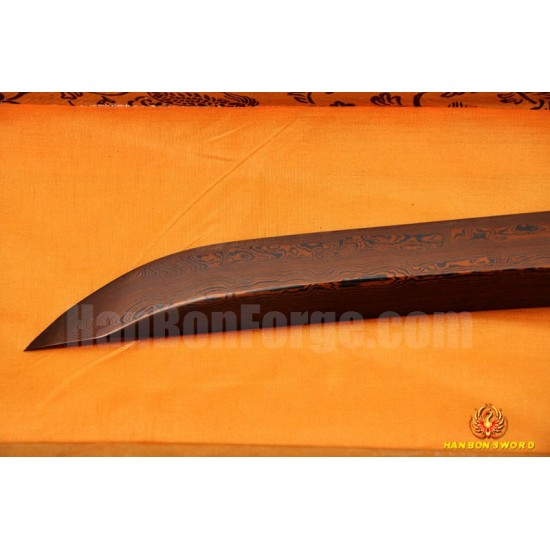 Black&Red Damascus Oil Quenched Full Tang Blade Tiger&Lion Koshirae Japanese Sword KATANA