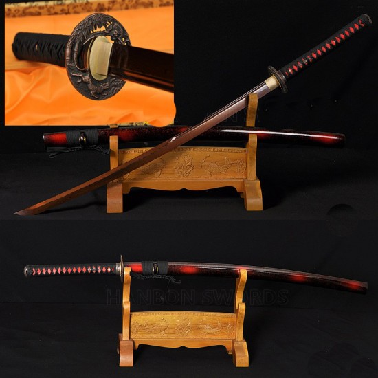 Black&Red Damascus Oil Quenched Full Tang Blade Tiger&Lion Koshirae Japanese Sword KATANA