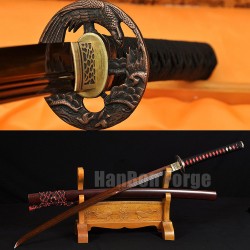 Japanese KATANA Sword Handmade Full Tang Red Damascus Steel Blade Clay Tempered With Real Hamon 