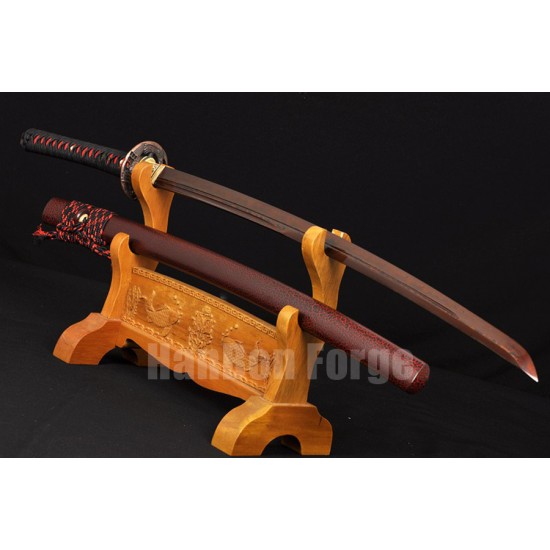 Japanese KATANA Sword Handmade Full Tang Red Damascus Steel Blade Clay Tempered With Real Hamon 