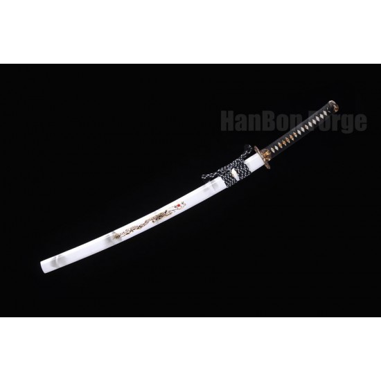 Japanese Samurai Sword T10 Steel Clay Temper HIRA-ZUKURI Blade Dragon Paint Saya