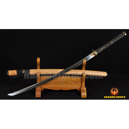 Japanese Samurai Sword Unokubi-Zukuri Full Tang Clay tempered Blade Bamboo Sheath