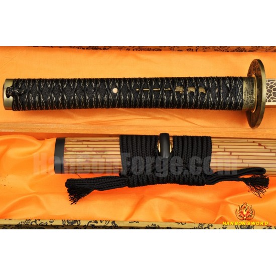 Japanese Samurai Sword Unokubi-Zukuri Full Tang Clay tempered Blade Bamboo Sheath