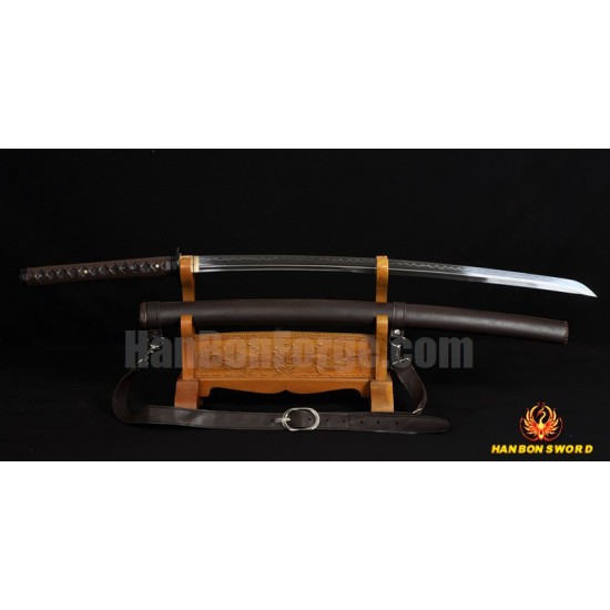 Japanese Samurai Sword Unokubi-Zukuri Full Tang Clay tempered Blade Leather straps