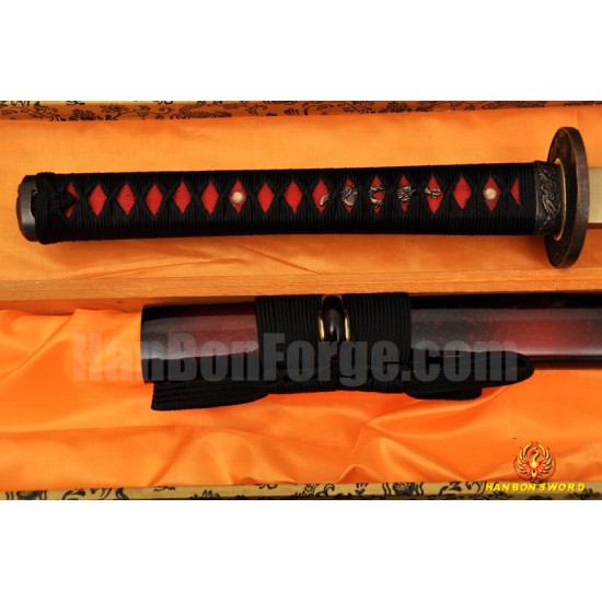 Tradtional Handmade Japanese Sword KATANA Black&Red Damascus Oil Quenched Full Tang Blade 