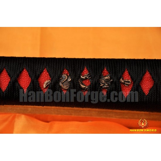 Tradtional Handmade Japanese Sword KATANA Black&Red Damascus Oil Quenched Full Tang Blade 