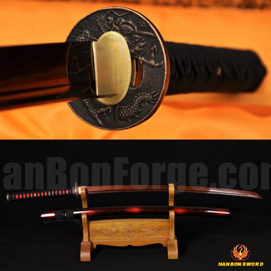 Tradtional Handmade Japanese Sword KATANA Black&Red Damascus Oil Quenched Full Tang Blade 