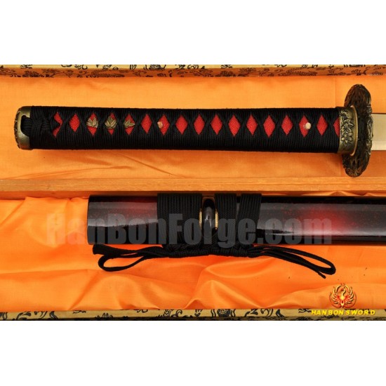 Hand Forged Black&Red Damascus Oil Quenched Full Tang Blade Iron Koshirae Japanese Ninja Sword