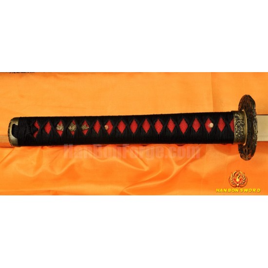 Hand Forged Black&Red Damascus Oil Quenched Full Tang Blade Iron Koshirae Japanese Ninja Sword