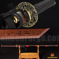 Hand Forged Black&Red Damascus Oil Quenched Full Tang Blade Iron Koshirae Japanese Ninja Sword