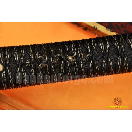 JAPANESE SAMURAI SWORD BRASS DRAGON KOSHIRAE KATANA LEATHER ITO CLAY TEMPERED FULL TANG BLADE