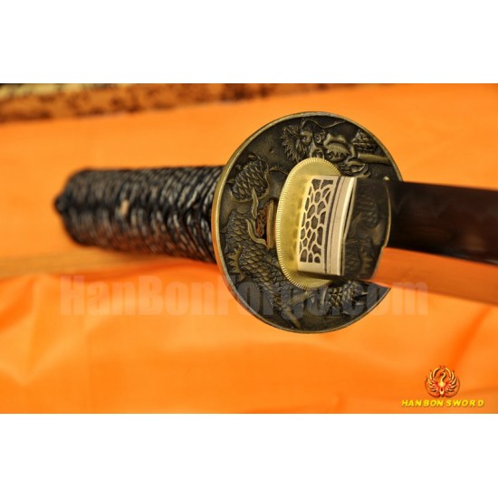 JAPANESE SAMURAI SWORD BRASS DRAGON KOSHIRAE KATANA LEATHER ITO CLAY TEMPERED FULL TANG BLADE