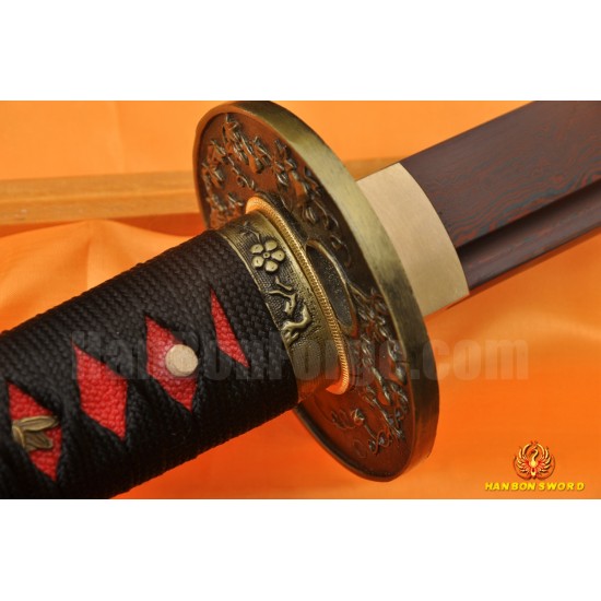 Red Damascus Folded Steel Full Tang Blade Japanese KATANA Samurai Sword