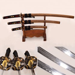 Japanese Samurai Sword Set Katana+Wakizashi+Tanto Folded Steel Full Tang Clay Tempered Blade Dragon Tsuba Custom