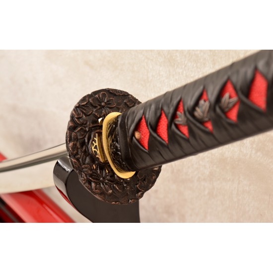 Clay Tempered Samurai Japanese 1.26" SORI Blade Sword 1095 Steel Iron Flower Tsuba