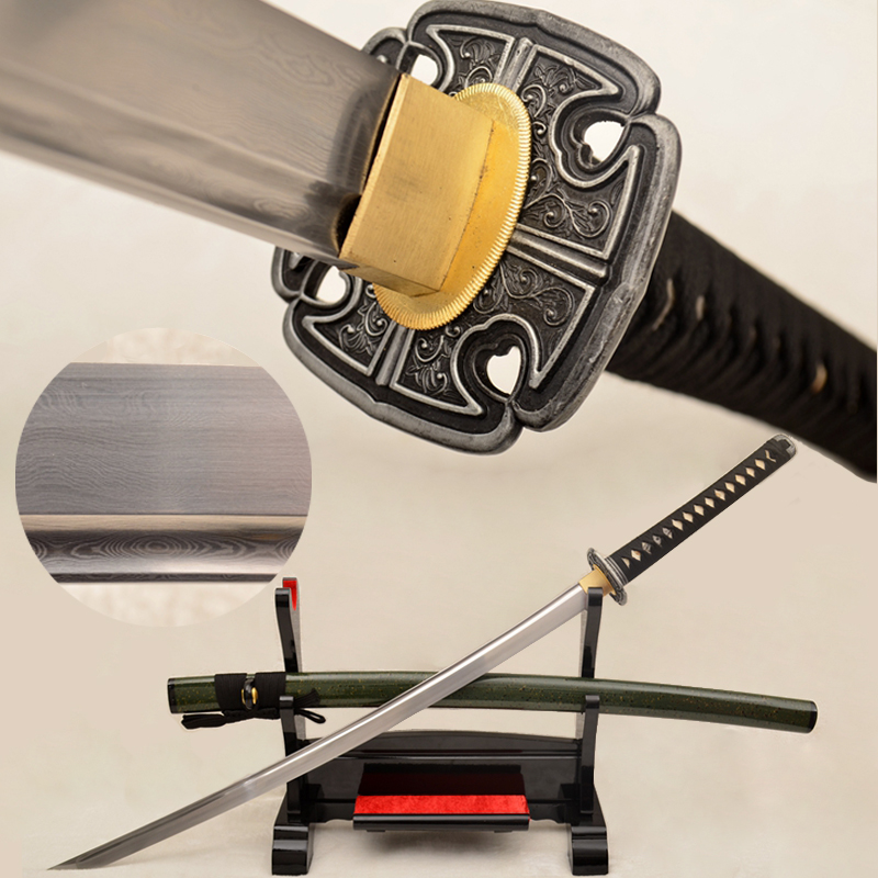 Folded Steel Japanese Samurai Sword Hard Wood Bull Horn Saya Full Tang Blade