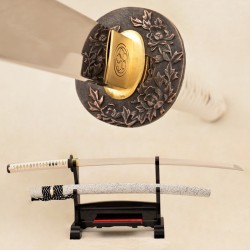 Japanese Samurai KATANA Sword 9260 Spring Steel Blade  Traditional Hand Forged Peony Tsuba