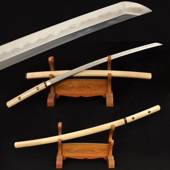 Folded Steel Shirasaya Sword Samurai KATANA Japanese Clay Tempered Blade Hard Natural Wood Saya