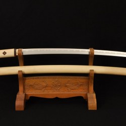 Folded Steel Shirasaya Sword Samurai KATANA Japanese Clay Tempered Blade Hard Natural Wood Saya