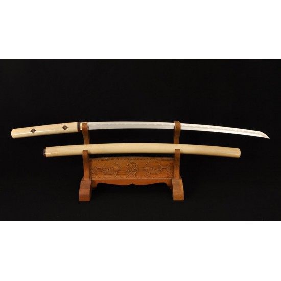 Folded Steel Shirasaya Sword Samurai KATANA Japanese Clay Tempered Blade Hard Natural Wood Saya