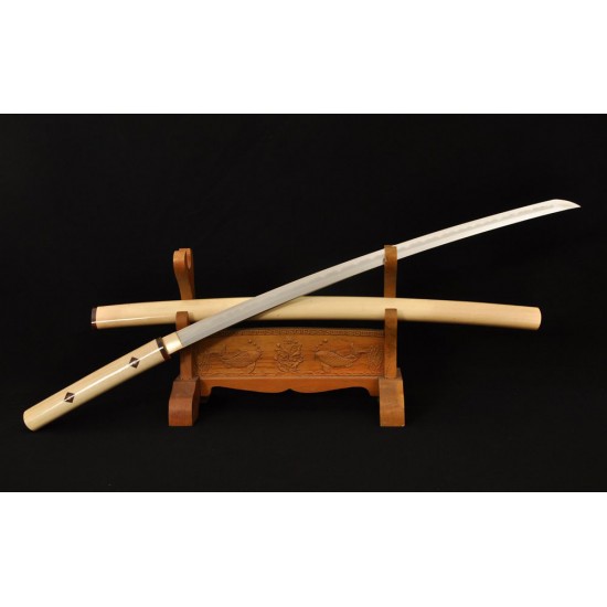 Folded Steel Shirasaya Sword Samurai KATANA Japanese Clay Tempered Blade Hard Natural Wood Saya