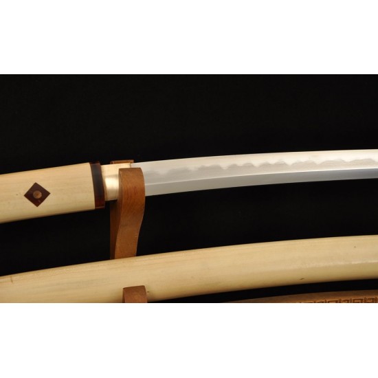 Folded Steel Shirasaya Sword Samurai KATANA Japanese Clay Tempered Blade Hard Natural Wood Saya