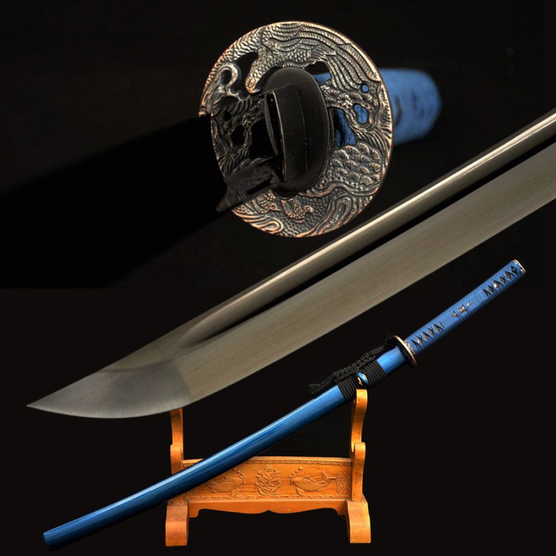 Клинок готов. Катана с 1060 High Carbon Steel. Handmade Japanese Katana Sword with Black Blade and Dragon Tsuba. Японский кузнец самурайских мечей. Катана на изготовке.