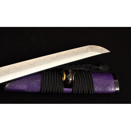 Folded Steel Samurai Japanese KATANA Sword Clay Tempered Blade Genuine Rayskin Saya