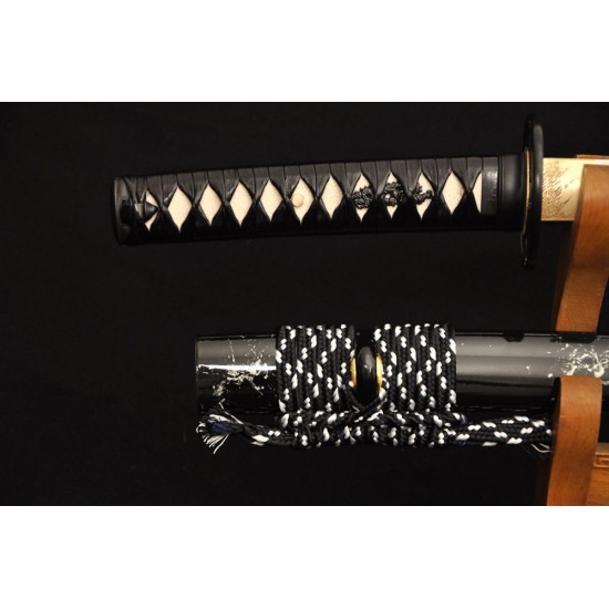 Damascus Folded Steel Japanese Wakizashi Samurai Sword Full Tang Blade Iron Tsuba