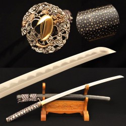 Samurai Japanese Wakizashi Sword Folded Steel + 1095 Steel Clay Tempered KOBUSE Blade Full Rayskin Saya
