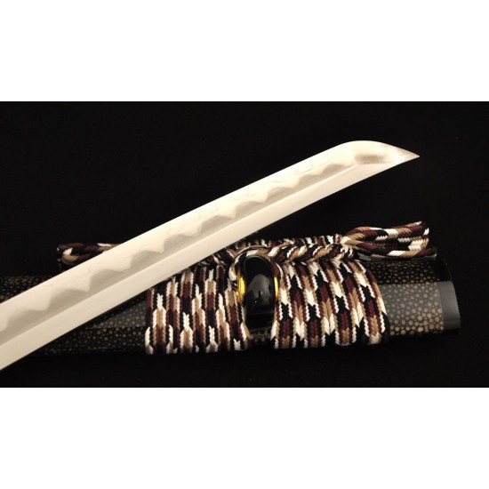 Samurai Japanese Wakizashi Sword Folded Steel + 1095 Steel Clay Tempered KOBUSE Blade Full Rayskin Saya