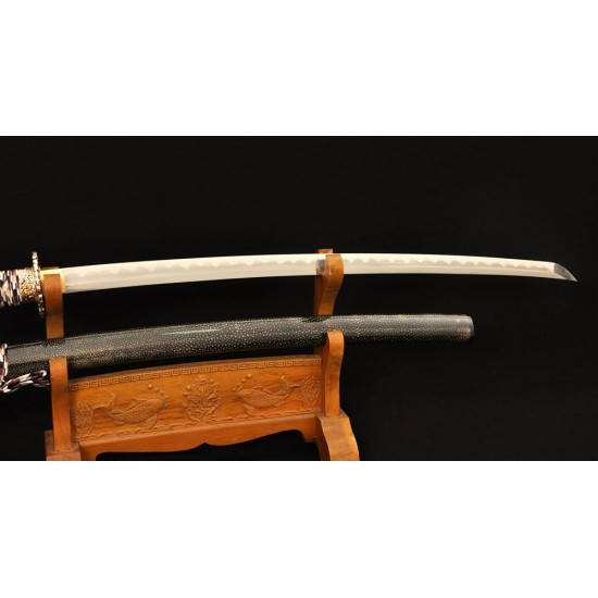 Samurai Japanese Wakizashi Sword Folded Steel + 1095 Steel Clay Tempered KOBUSE Blade Full Rayskin Saya