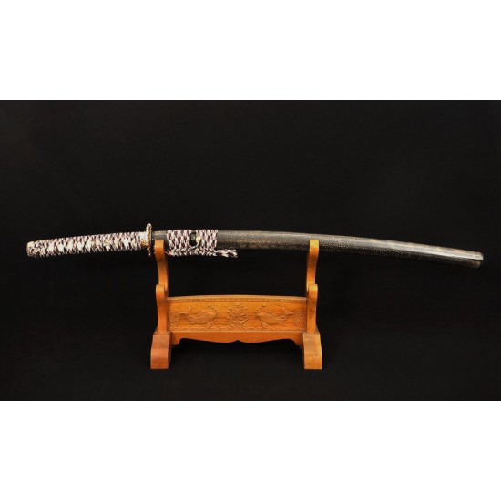 Samurai Japanese Wakizashi Sword Folded Steel + 1095 Steel Clay Tempered KOBUSE Blade Full Rayskin Saya