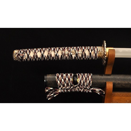 Samurai Japanese Wakizashi Sword Folded Steel + 1095 Steel Clay Tempered KOBUSE Blade Full Rayskin Saya