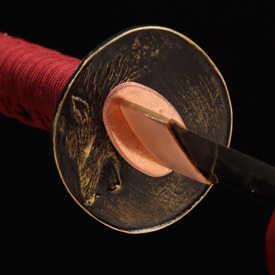 Handmade Samurai Katana Sword | T10 Clay Tempered Blade with Choji Hamon | Wolf & Moon Brass Fittings | Red Rayskin Saya Handmade Samurai Katana Sword | T10 Clay Tempered Blade with Choji Hamon | Wolf & Moon Brass Fittings | Red Rayskin Saya