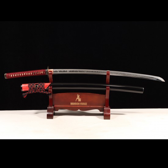 Handmade Samurai Katana Sword | T10 Clay Tempered Blade with Choji Hamon | Wolf & Moon Brass Fittings | Red Rayskin Saya Handmade Samurai Katana Sword | T10 Clay Tempered Blade with Choji Hamon | Wolf & Moon Brass Fittings | Red Rayskin Saya