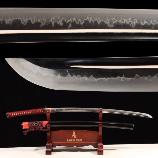 Handmade Samurai Katana Sword | T10 Clay Tempered Blade with Choji Hamon | Wolf & Moon Brass Fittings | Red Rayskin Saya Handmade Samurai Katana Sword | T10 Clay Tempered Blade with Choji Hamon | Wolf & Moon Brass Fittings | Red Rayskin Saya