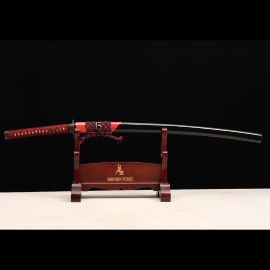 Handmade Samurai Katana Sword | T10 Clay Tempered Blade with Choji Hamon | Wolf & Moon Brass Fittings | Red Rayskin Saya Handmade Samurai Katana Sword | T10 Clay Tempered Blade with Choji Hamon | Wolf & Moon Brass Fittings | Red Rayskin Saya