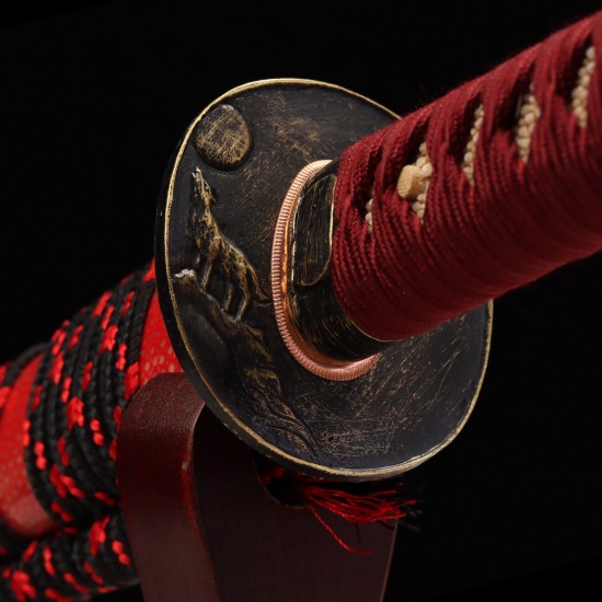 Handmade Samurai Katana Sword | T10 Clay Tempered Blade with Choji Hamon | Wolf & Moon Brass Fittings | Red Rayskin Saya Handmade Samurai Katana Sword | T10 Clay Tempered Blade with Choji Hamon | Wolf & Moon Brass Fittings | Red Rayskin Saya