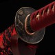 Handmade Samurai Katana Sword | T10 Clay Tempered Blade with Choji Hamon | Wolf & Moon Brass Fittings | Red Rayskin Saya Handmade Samurai Katana Sword | T10 Clay Tempered Blade with Choji Hamon | Wolf & Moon Brass Fittings | Red Rayskin Saya