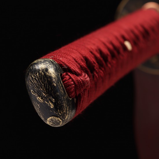 Handmade Samurai Katana Sword | T10 Clay Tempered Blade with Choji Hamon | Wolf & Moon Brass Fittings | Red Rayskin Saya Handmade Samurai Katana Sword | T10 Clay Tempered Blade with Choji Hamon | Wolf & Moon Brass Fittings | Red Rayskin Saya
