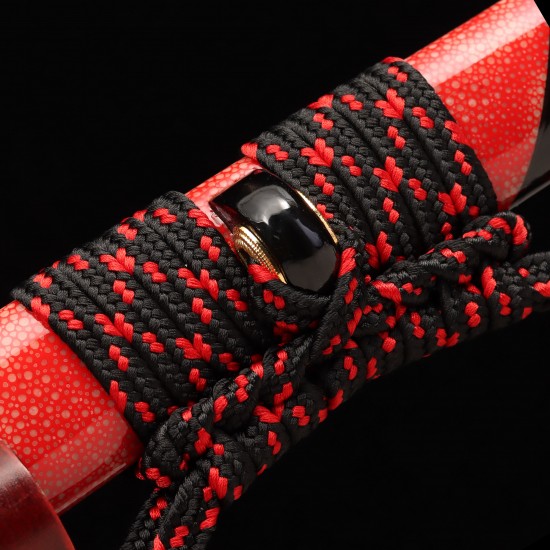 Handmade Samurai Katana Sword | T10 Clay Tempered Blade with Choji Hamon | Wolf & Moon Brass Fittings | Red Rayskin Saya Handmade Samurai Katana Sword | T10 Clay Tempered Blade with Choji Hamon | Wolf & Moon Brass Fittings | Red Rayskin Saya